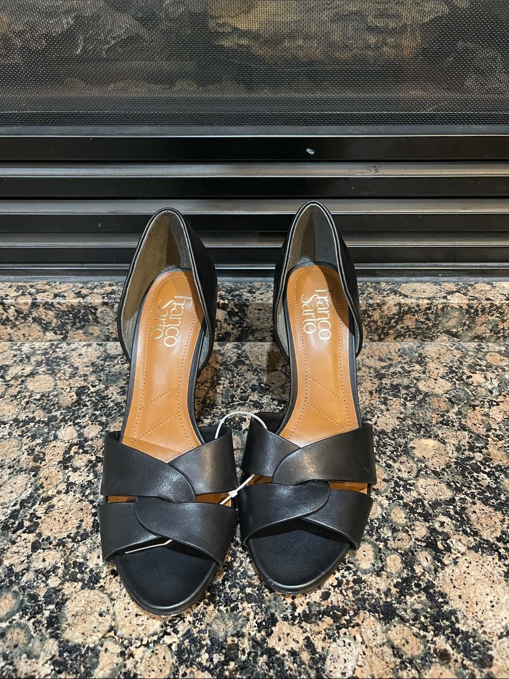 Franco Sarto Black D'Orsay Open-Toe Heels with Crisscross Straps
